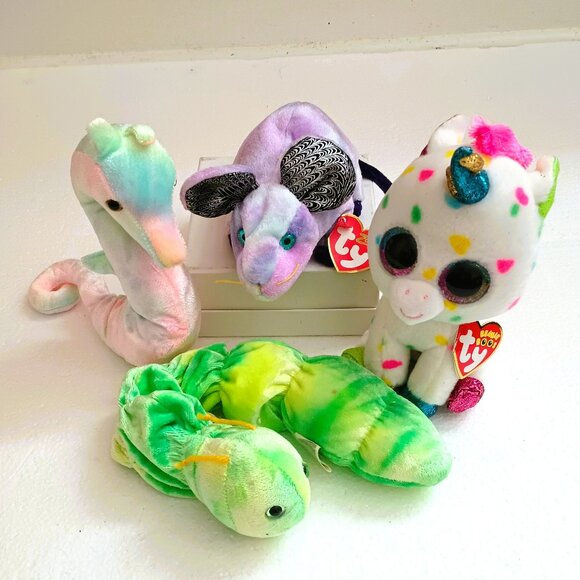 Ty Beanie Babies Lot of 4 NWT Squirmy , Rat, Harmonie, Neon Year 1997-2000 - Picture 1 of 8